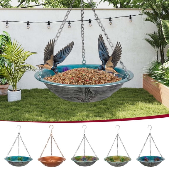 Metal Hanging Bird Feeder for Outdoors, Wrought Iron Garden Decor Bowl for Hummingbirds and Wild Birds, Weather Resistant Multi-Functional Yard Feeder