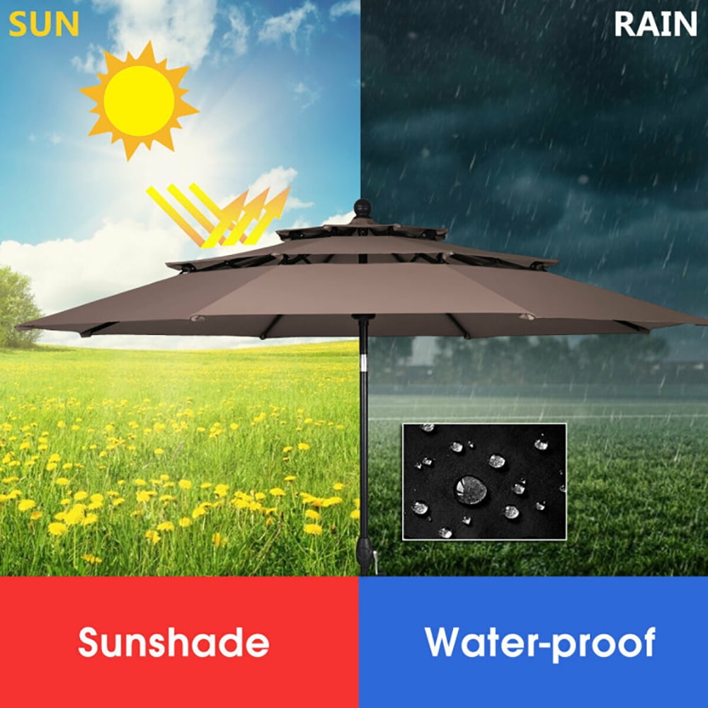 Aimee Lii 10ft 3 Tier Patio Umbrella Aluminum Sunshade Shelter Double Vented without Base, Sunbrella Patio Umbrellas, Tan Aimee Lii 10ft 3 Tier Patio Umbrella Aluminum Sunshade Shelter Double Vented without Base, Sunbrella Patio Umbrellas, Tan