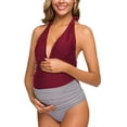 thumbnail image 4 of Maillots de Maternité une Pièce à Rayures, Maillot de Bain à Tour de Cou, Monokini à Col en V Profond, Taille Haute, Rouge (L, 4 of 8