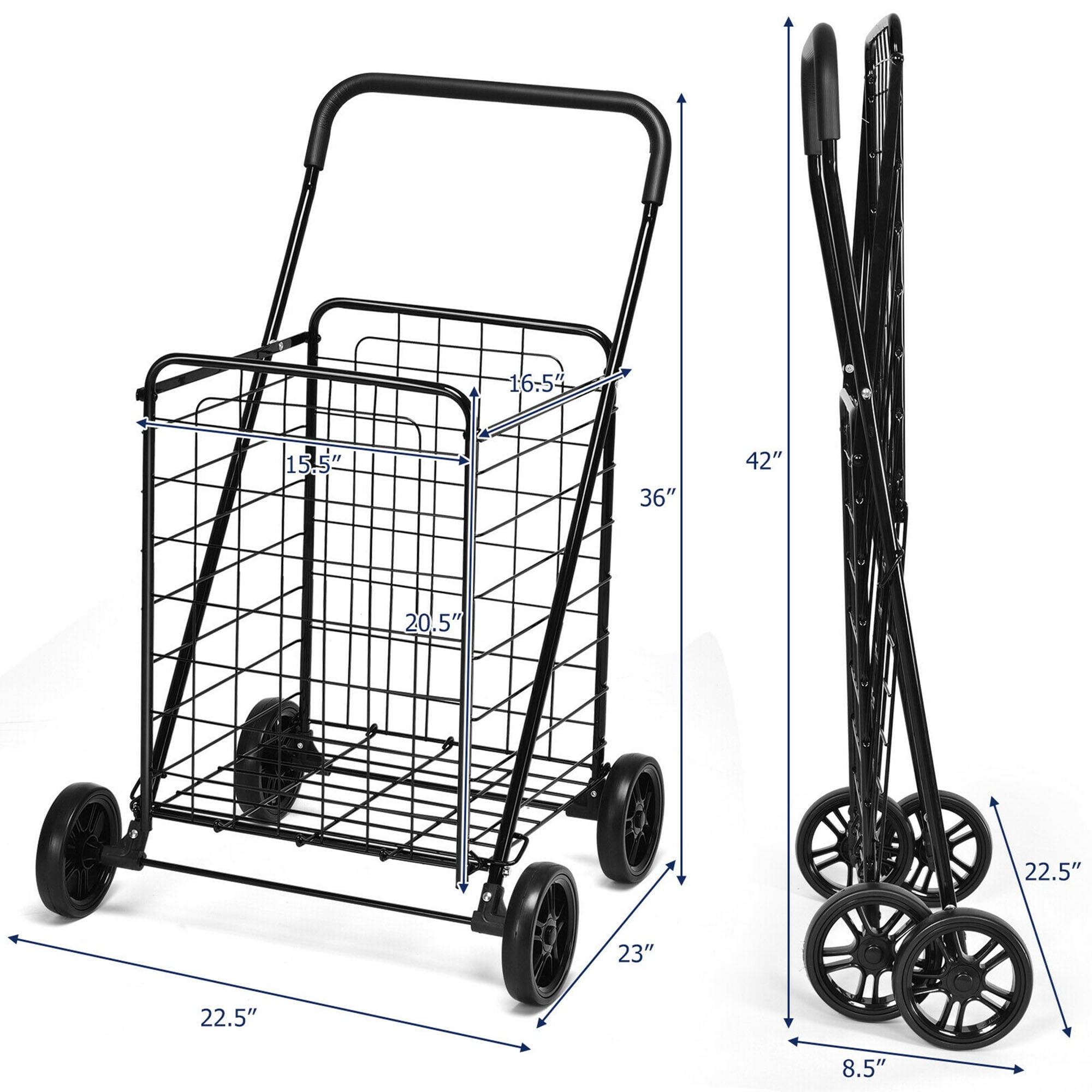 Gymax Folding Shopping Cart Utility Trolley Portable For Grocery Laundry Travel Black