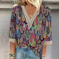 thumbnail image 2 of camisa de mujer blusa camisas sueltas casuales manga 3/4 adornos de encaje estampado cuello en v tops estampados camisetas camiseta multicolor / m, 2 of 3