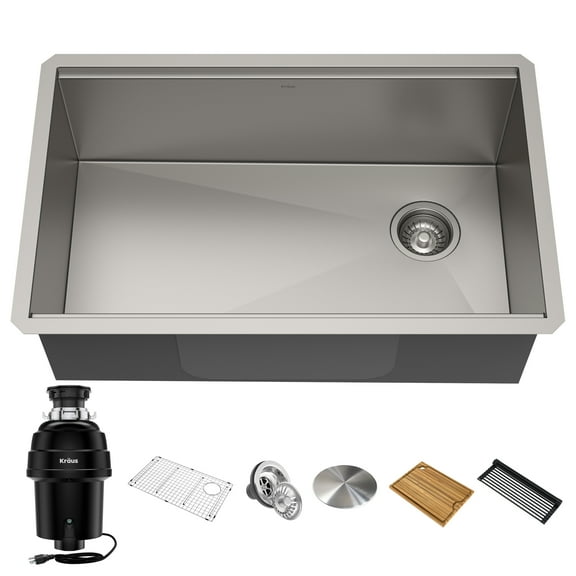 KRAUS Kore Workstation 32-inch Undermount 16 Gauge Single Bowl Stainless Steel Kitchen Sink with WasteGuard 1 HP Continuous Feed Garbage Disposal