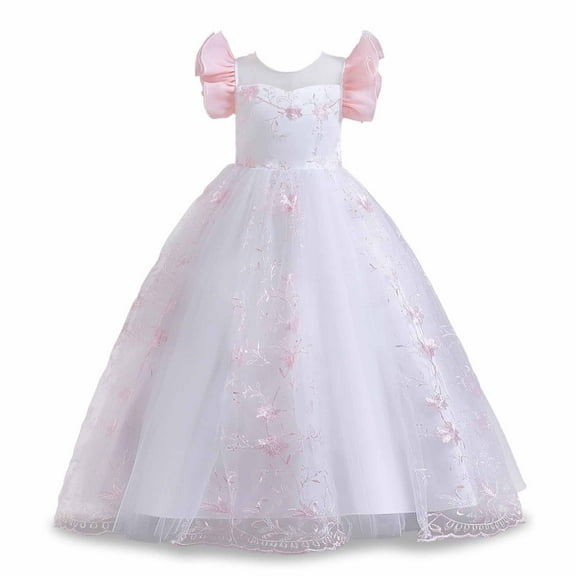 Odeerbi Girls Dresses Flower Girl Dress Children Baby Middle-aged Children's Sleeveless Embroidery Mesh Dress Gauze Dress Princess Dress