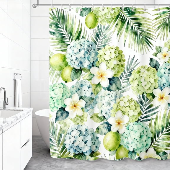 Auckpure Tropical Hydrangea and Plumeria Shower Curtain 72x72 inch, Green & Blue Watercolor Floral Bathroom Decor with 12 Hooks
