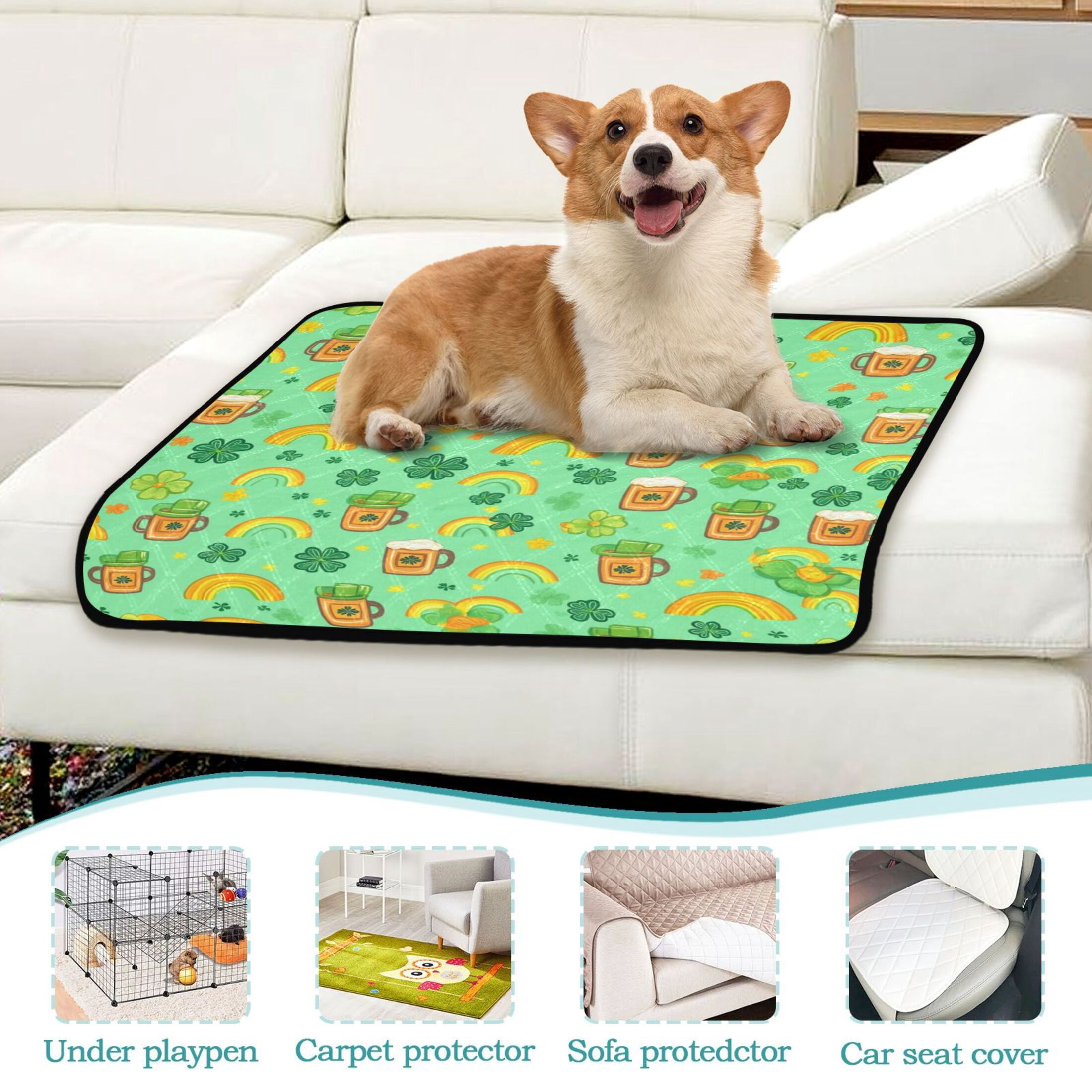 Qxltty Beer and Rainbows in A Cloverleaf Background Cat litter Pads Pet Set of 3 Diaper Mats Center Anti-leakage Layer Absorbent Soft and Comfortable