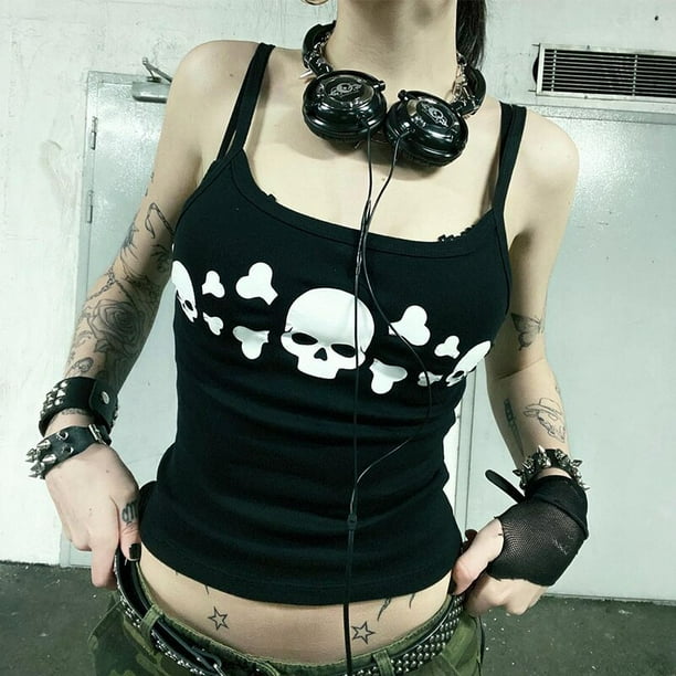 Camiseta gotica de calavera Punk para mujer camiseta informal de verano de los anos 90 con estampado grafico Grunge Vintage camiseta de manga corta
