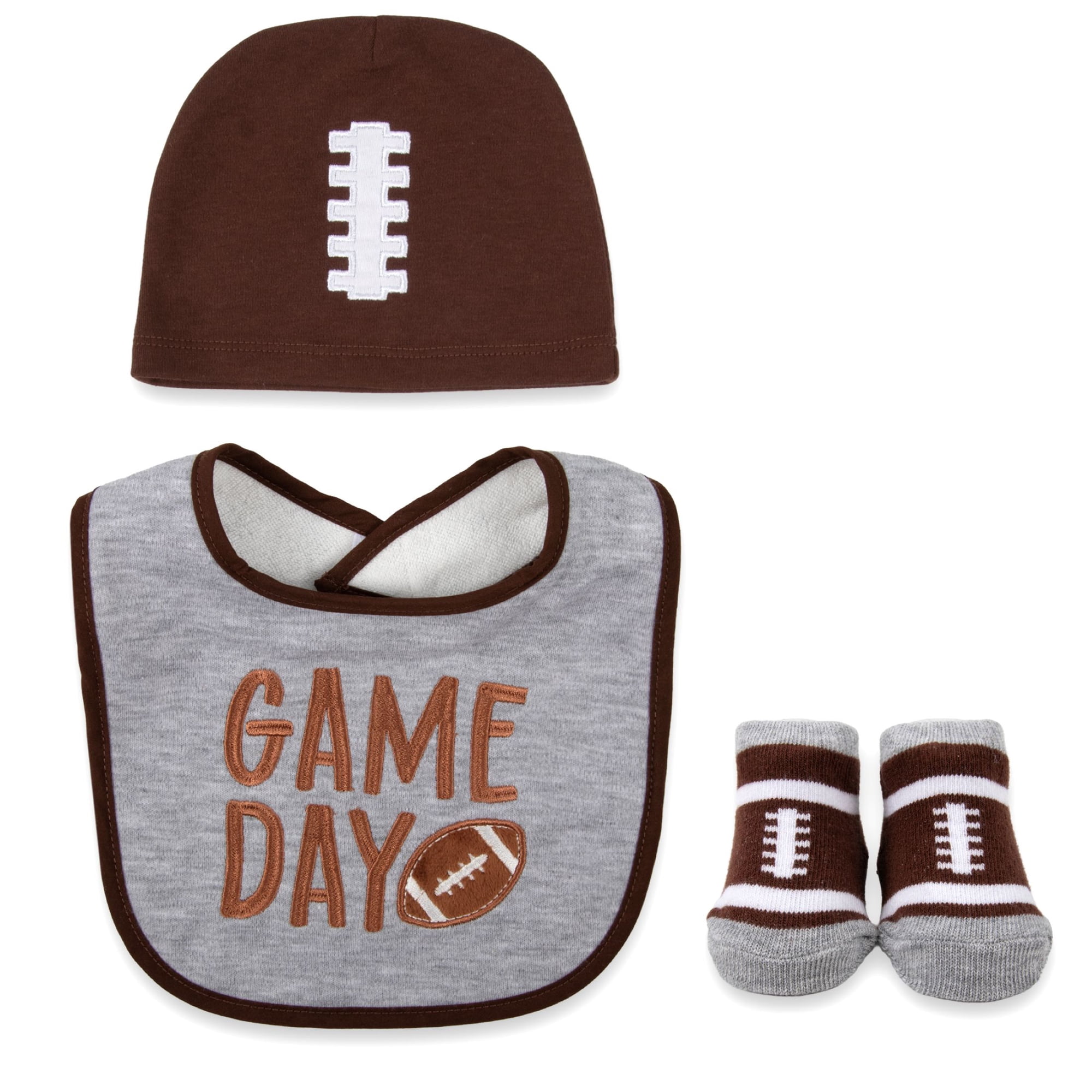 Baby Essentials Bib, Booties & Cap Gift Set – 3pc Football “Game Day” Outfit for Boys & Girls – Fall Tailgating & Sports Baby Gift