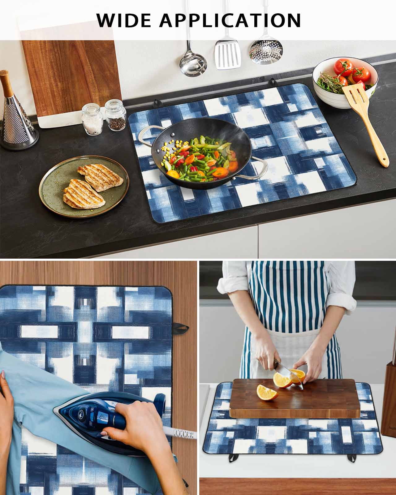 nqOlkjepod Large Induction Cooktop Protector Mat 24"x21", Blue White Geometric Stove Top Covers for Electric Stove, Vintage Abstract Plaid Texture Stove Burner Cover Mats, Glass Top Stove Cover