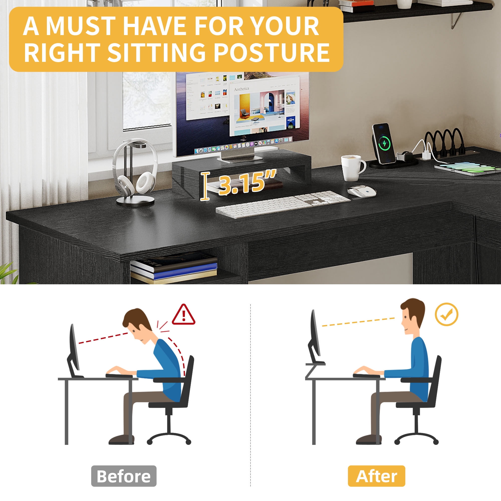 Uforic 59" L Shaped Desk with Power Outlets,Large Computer Desk with Drawers, Home Office Desk,Black
