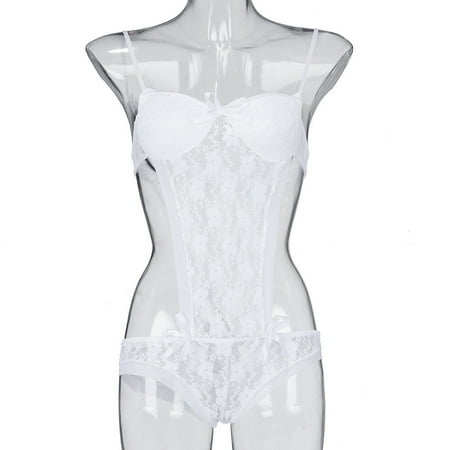 

Gaiseeis Women Sexy Lingerie Lace Teddy features Plunging Eyelash and Snaps Crotch WH/2XL White 2XL
