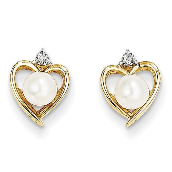 14k Freshwater Cultured Pearl and Diamond Heart Earrings 14k Yellow Gold Earrings