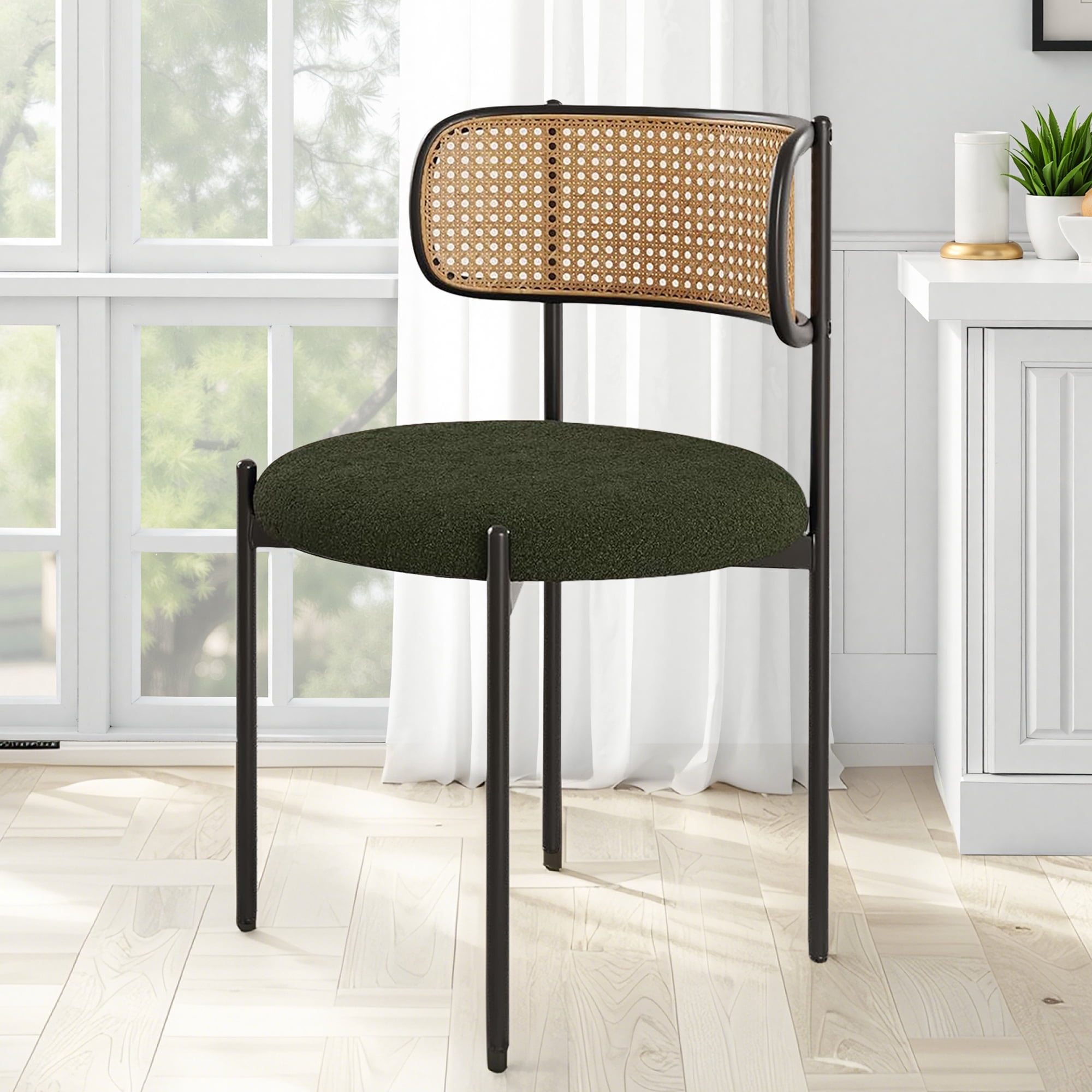 MAYEERTY 2-Pack Green Modern Upholstered Dining Chairs, Rattan Back, Metal Legs, Kitchen Accent