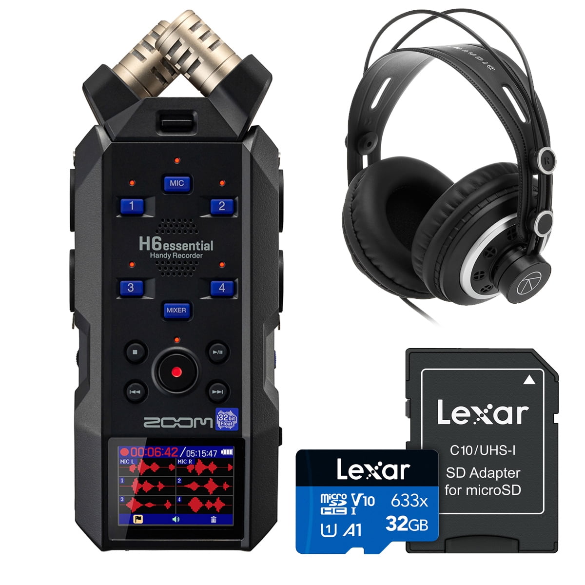 Zoom H6essential 6-Track 32-Bit Float Handy Recorder Bundle with Passenger Series TAP300 Professional Semi-Open Back Studio Monitoring Headphones and 32GB Memory Card