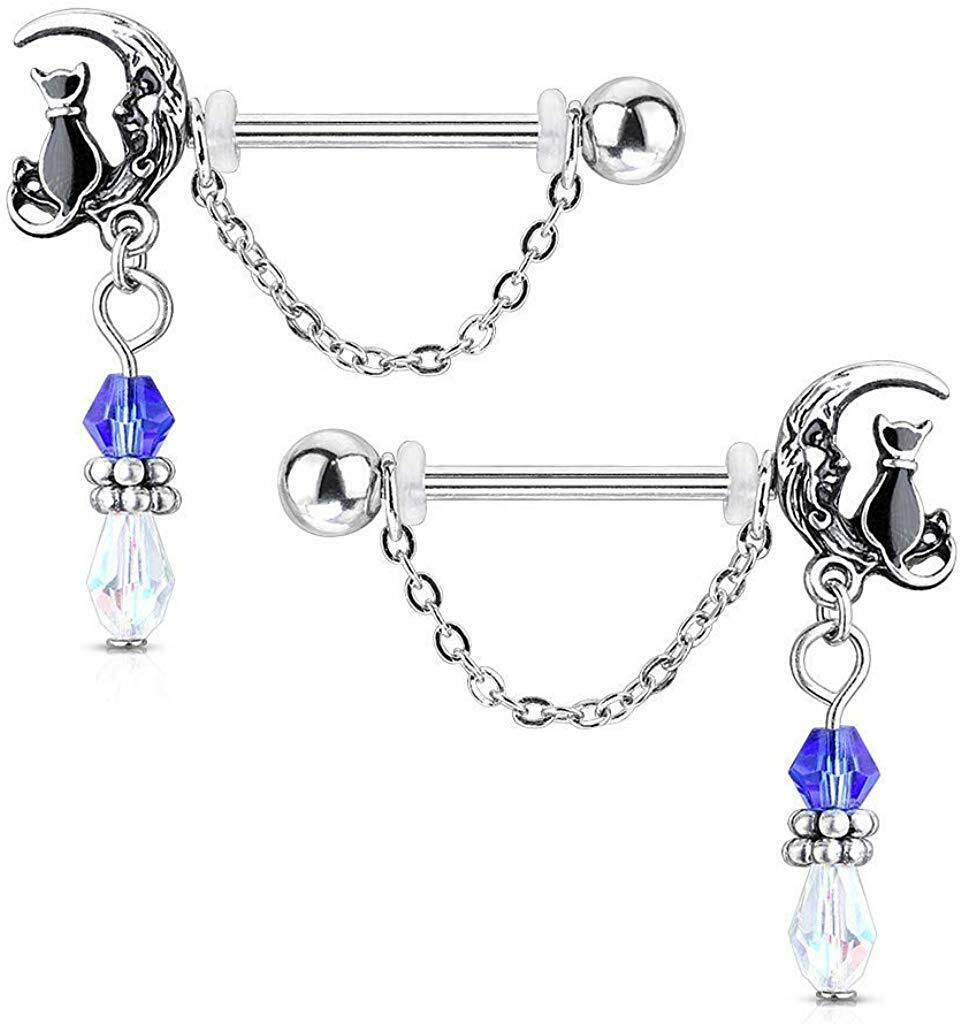 Cat Sitting on Moon Beads Chain 316L Surgical Steel Nipple Barbell Rings Pair