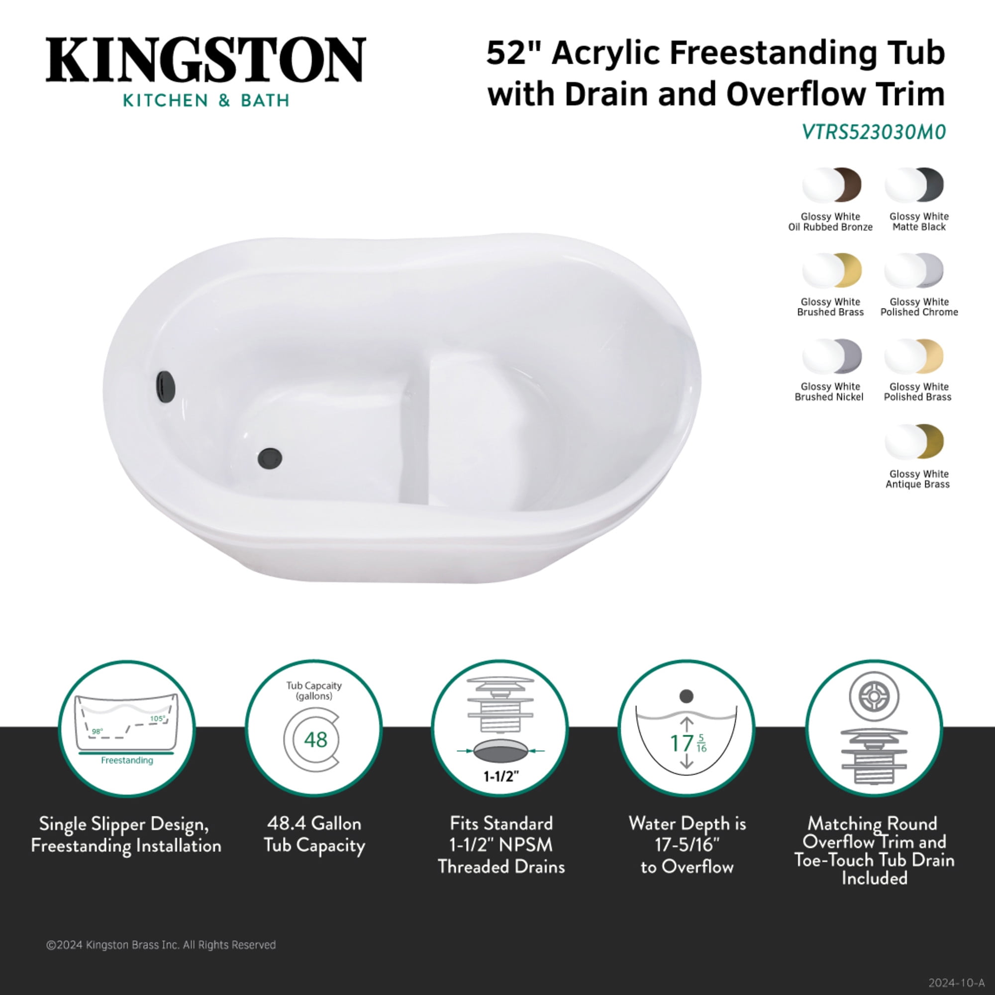 Kingston Brass VTRS523030M2 52" Acrylic Oval Single Slipper Freestanding Tub with Overflow/Drain Assembly and Integral Seat, Glossy White/Polished Brass