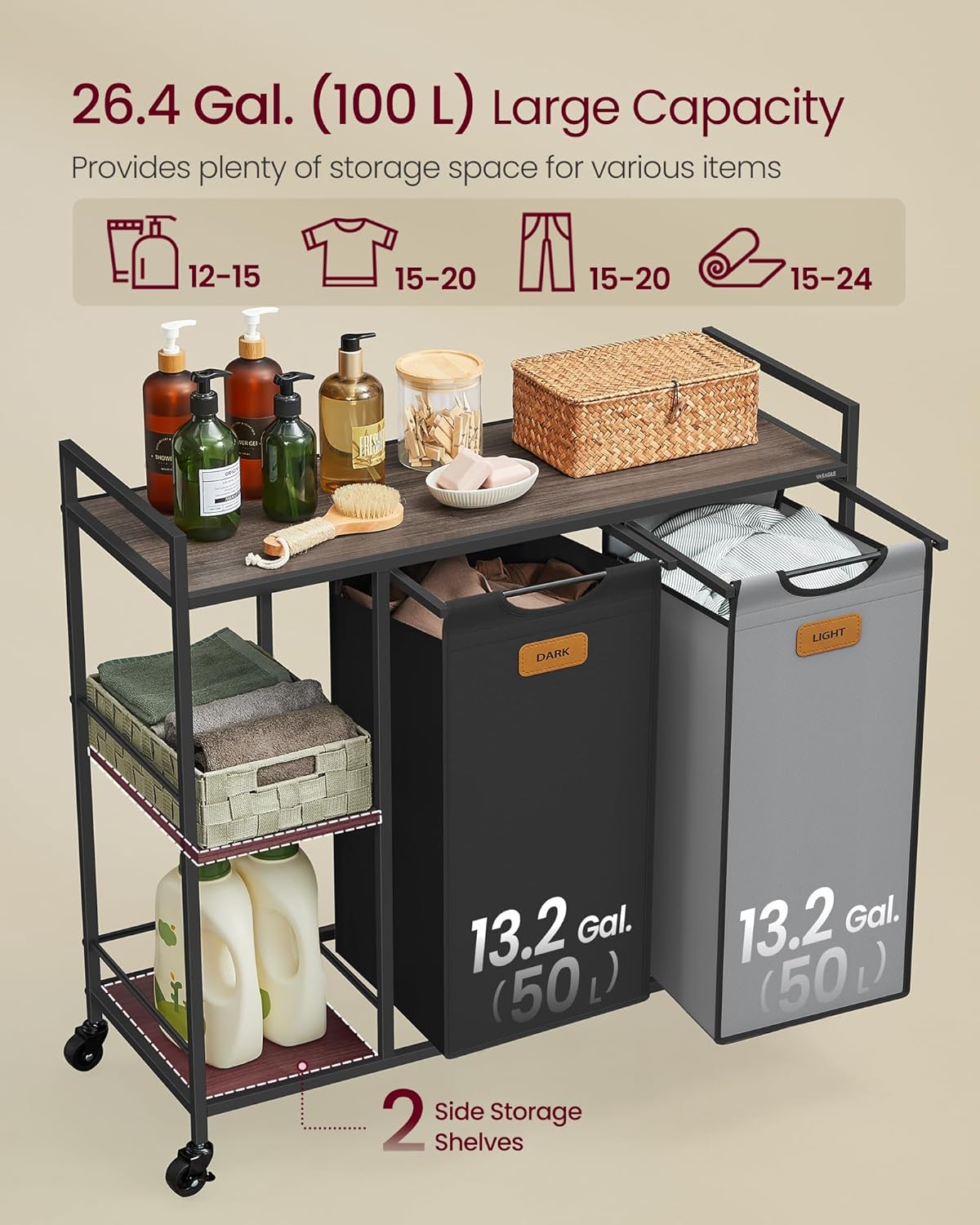 Laundry Hamper with 2 Compartments, 26.4 Gal. (100 L) Laundry Sorter, Rolling Laundry Cart 6 Labels, Chestnut Brown, Ink Black and Dove Gray