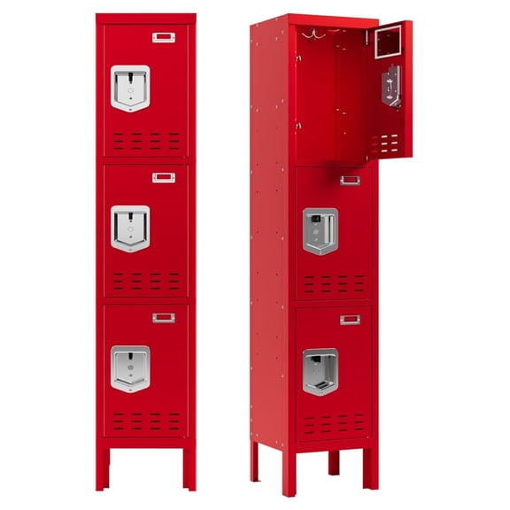 Metal Locker 3 Door - Secure Steel Storage Cabinet with Lock - School Office Gym Lockers - 66.15"H x 11.8"W x 11.8"D (Red)