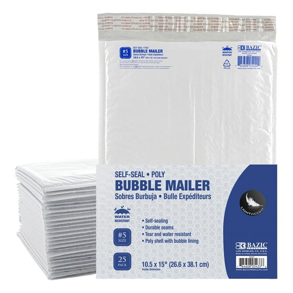 BAZIC Poly Bubble Mailers 10.5" x 15" #5 Padded Shipping Envelope, 25-Count