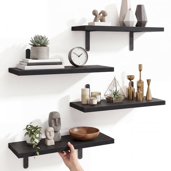 Fairy Floating Wall Shelves Set of 4, Black Wood Shelves for Wall Storage Bedroom Bathroom