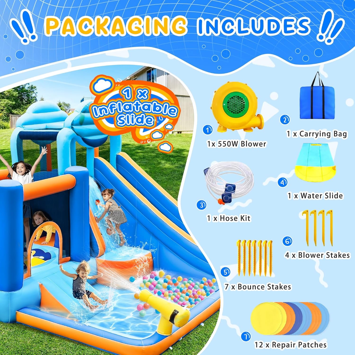 Cuoote Inflatable Water Slide for Kids, 2 Min Blow Up 10 in 1 Giant Water Park for Backyard Outdoor with Large Slide, Pool, Tunnel, Bounce House, Basketball Hoop, Climbing Wall, Air Blower