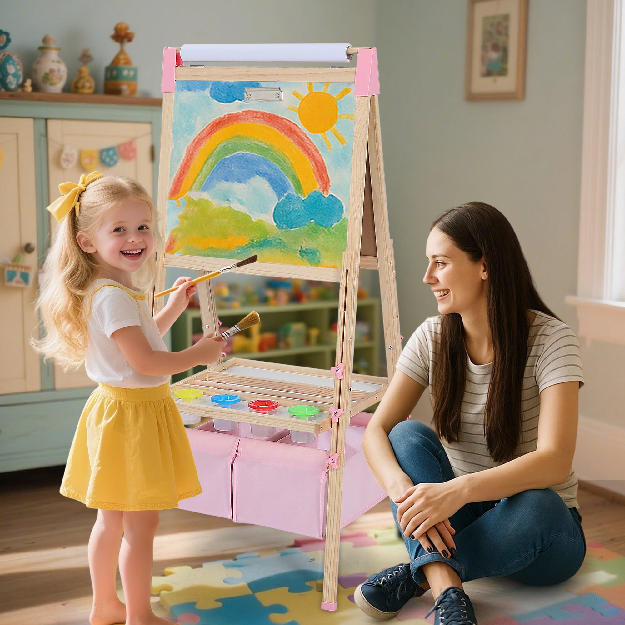 LINLUX Wooden Kid Easel for Paintings, Art Easel for Kid Double Side, Magnetic Whiteboard Chalkboard, Pink