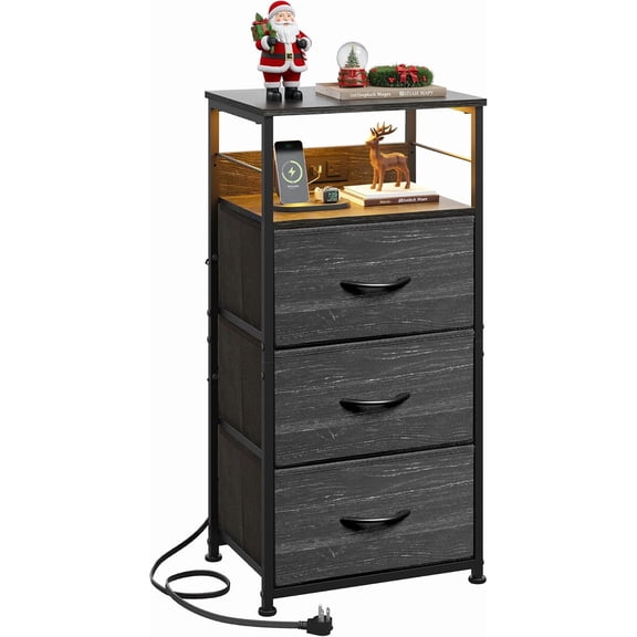 CZMDZH Nightstand with Charging Station, 31.9" H Nightstand with 3 Fabric Drawers, LED Bedside Table with USB Ports and Outlets, End Table for Dorm, Entryway, Charcoal Black Wood Grain Print