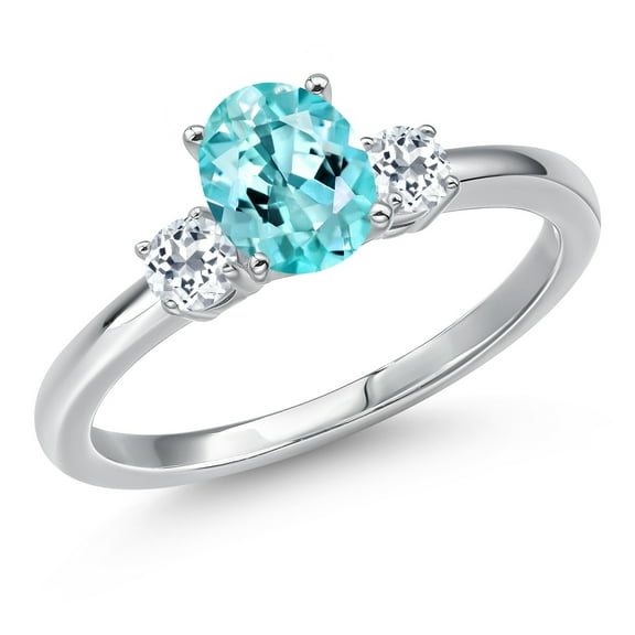 Gem Stone King 14K White Gold Blue Apatite and White Topaz Engagement Ring for Women | 1.10 Cttw | Oval 7X5MM | Gemstone Birthstone | Size 8
