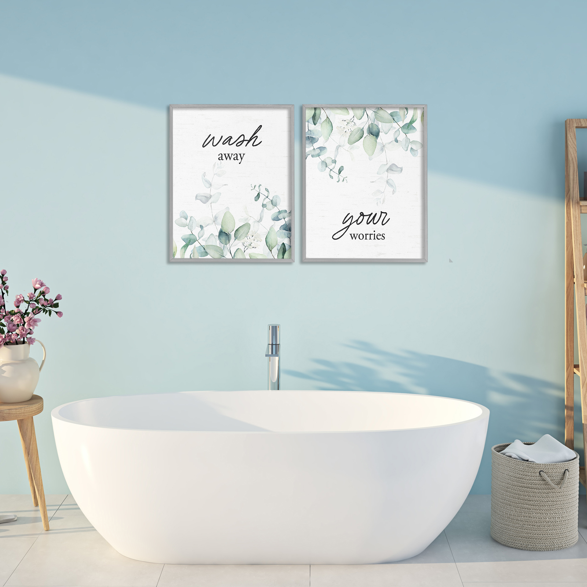 Wash Away Your Worries Leaves 2 Piece Gray Framed Giclee Art Set, design by Lettered and Lined