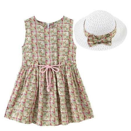 

EHTMSAK Toddler Baby Children Girl 2PCS Floral and Set Drawstring Clothing Set Short Sleeve Outfits Summer with Sun Hat Beige 2Y-7Y 100