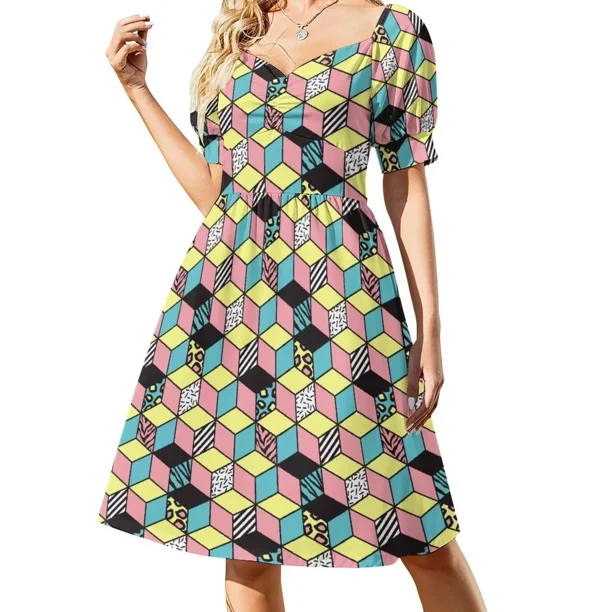 Vestido playero de manga corta con estampado geométrico abstracto de Memphis de los años 80, elegante, para mujer.