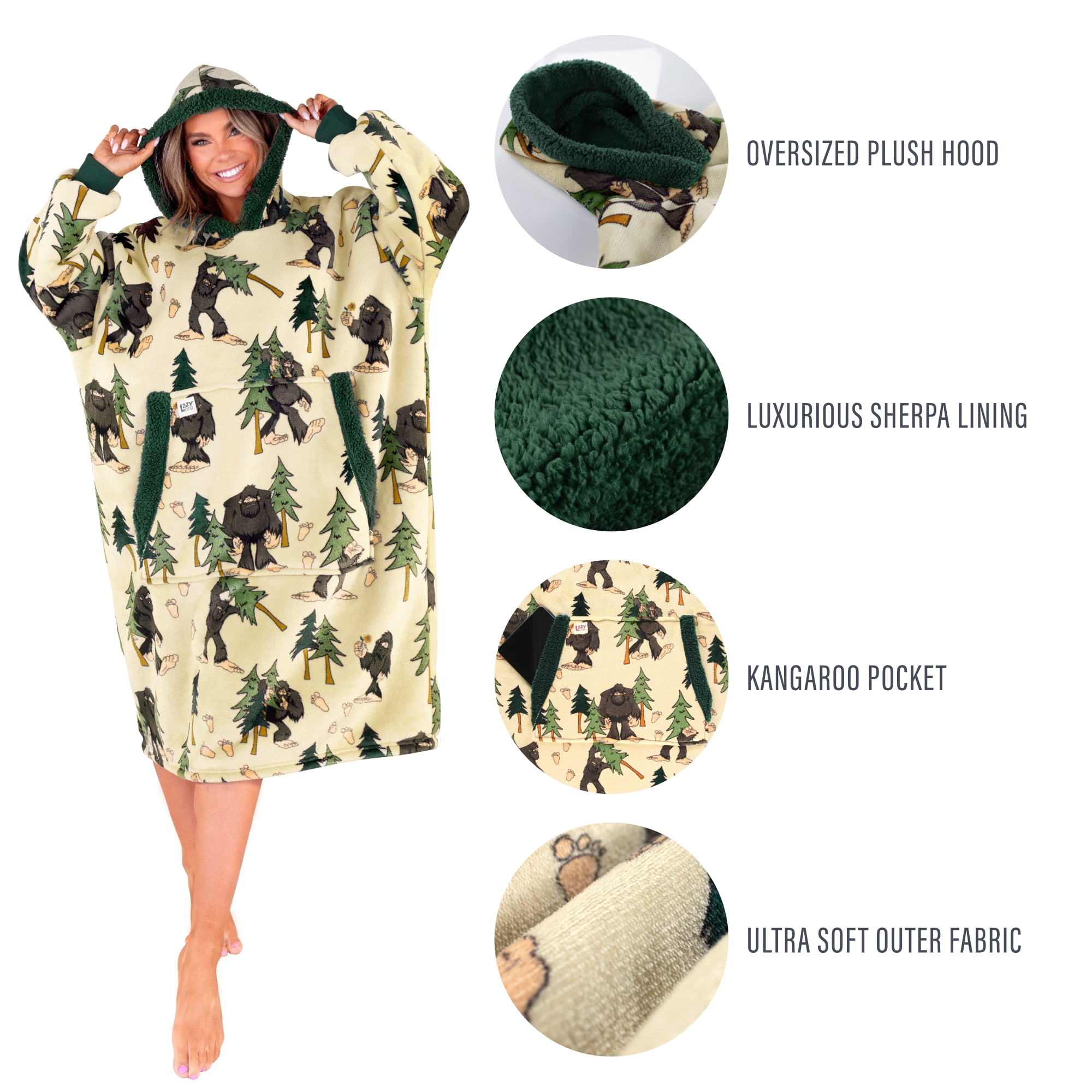 Lazy One Oversized Blanket Hoodie, Comfortable Sleepwear, Oversized Hoodies for Women and Men, One Size Fits All Wearable Blankets (Bigfoot)