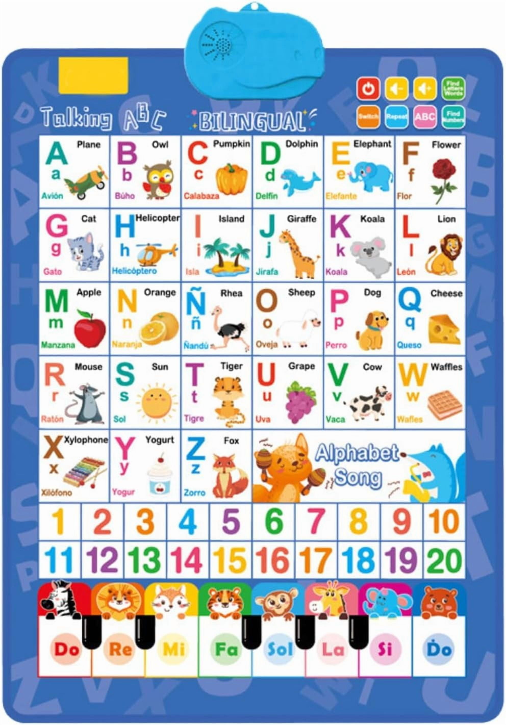 Talking Wall Chart, Bilingual English & Spanish Learning Poster with ABCs, Numbers and Piano, Interactive Educational Toy