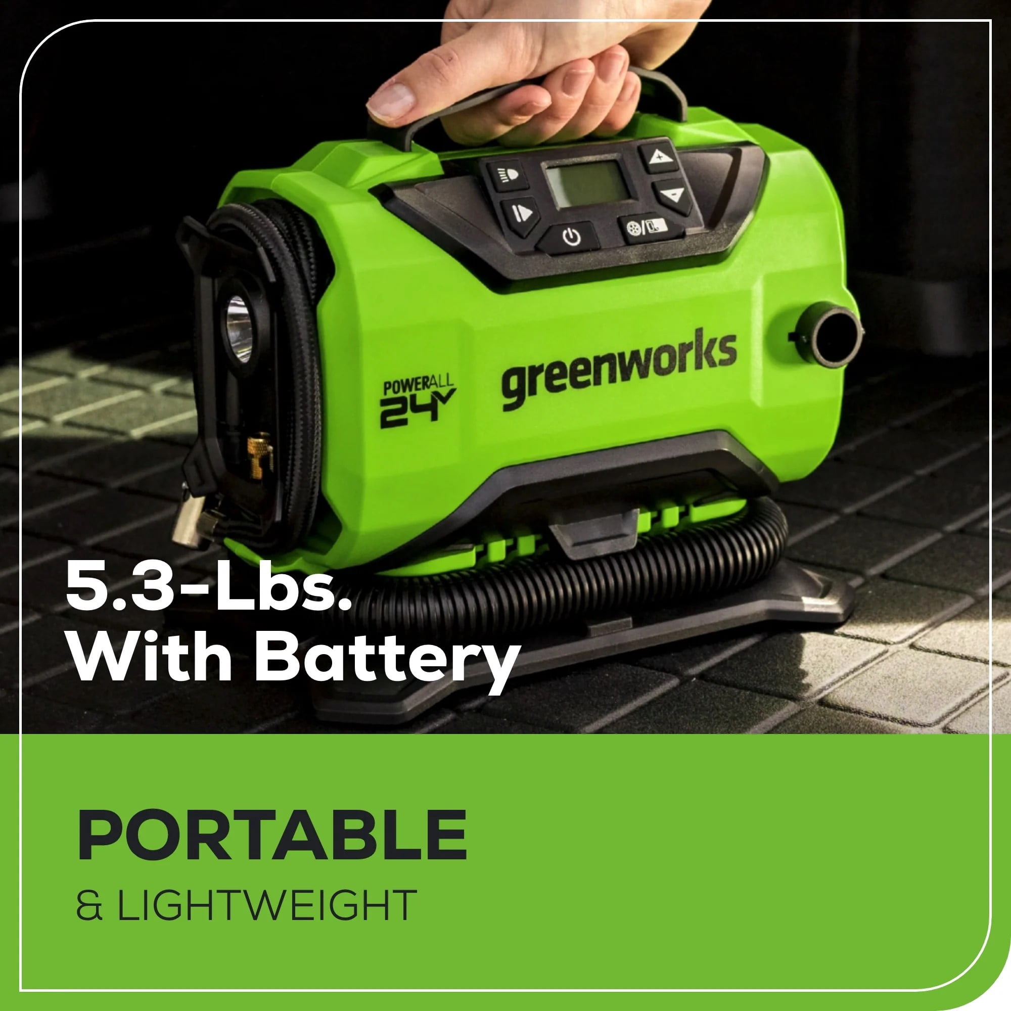 Greenworks 24V Portable Air Compressor, Cordless Tire Inflator, Max 160 PSI, with Usb (Power Bank) 2Ah Battery and 2A Charger