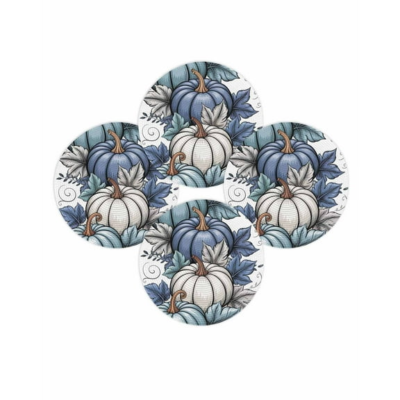 Fall Round Placemats Set of 4 Teal Blue Pumpkin Place Mats Thanksgiving Woven Placemat Autumn Leaves Hello Fall Circle Braided Table Mat for Kitchen Dining Table Autumn Party Home Decor 15 Inch