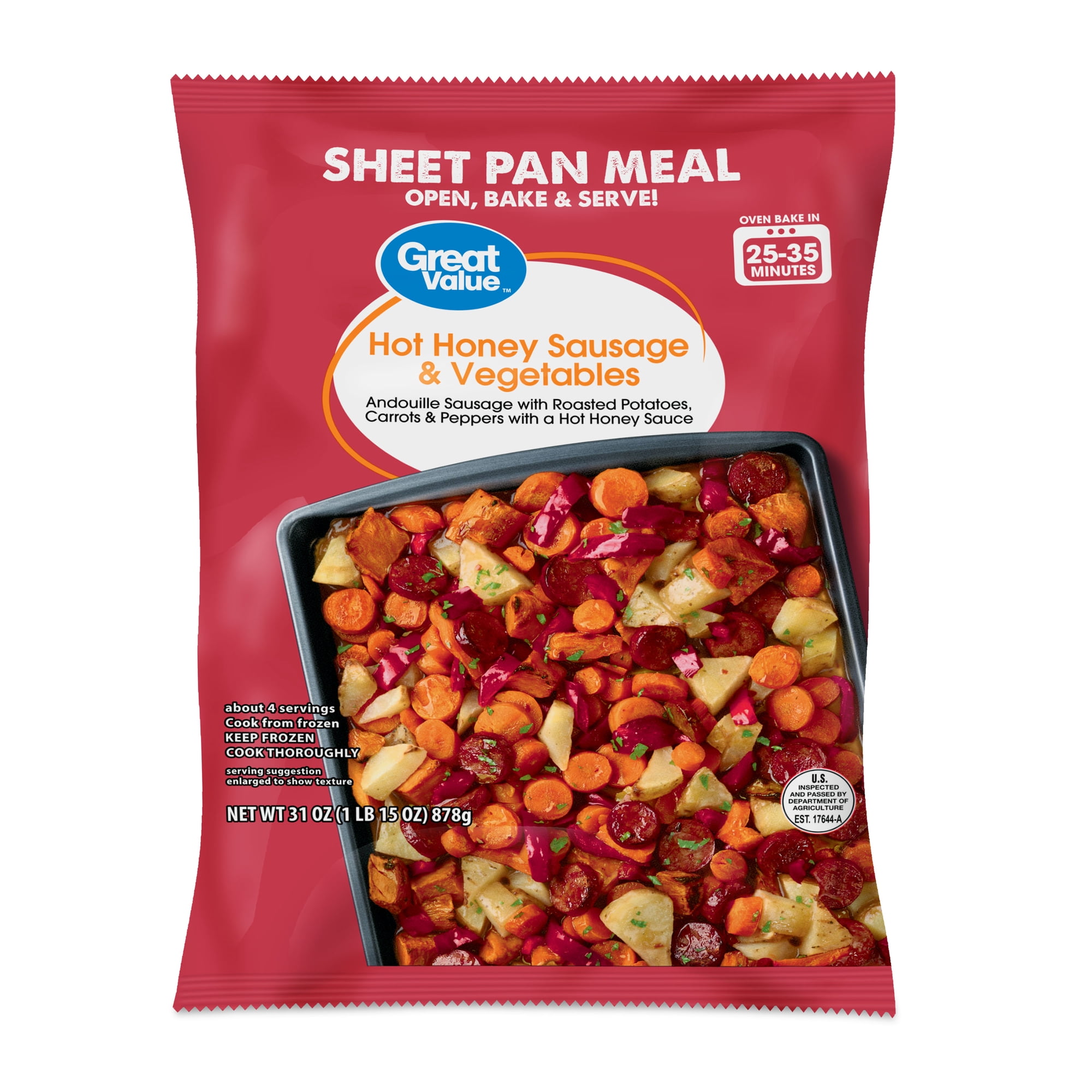 Great Value Hot Honey Sausage & Vegetables Sheet Pan Meal, 31 oz (Frozen)