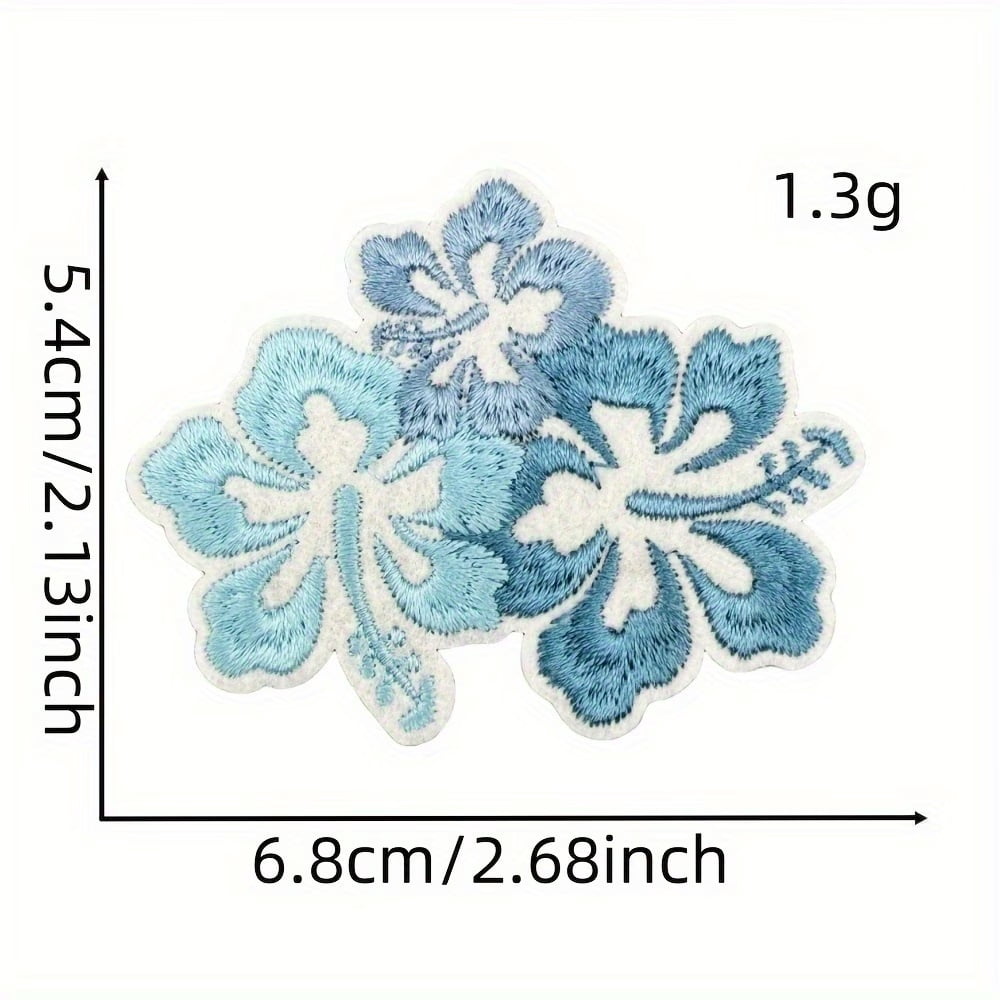 Botanical Embroidery Iron-On Patches - 3pcs Blue Floral Appliques for Denim Jacket Repair & Boho Bag Embellishments