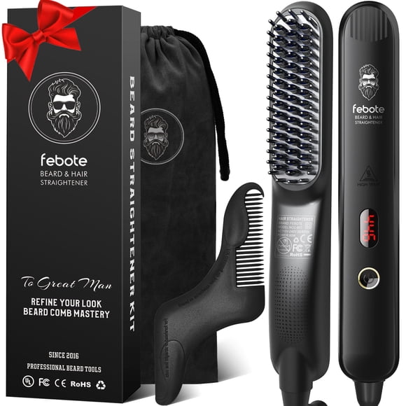 Febote Cepillo alisador de cabello iónico calentado para hombres - 5 ajustes de temperatura Modelador de barba antiescaldaduras y bolsa de viaje