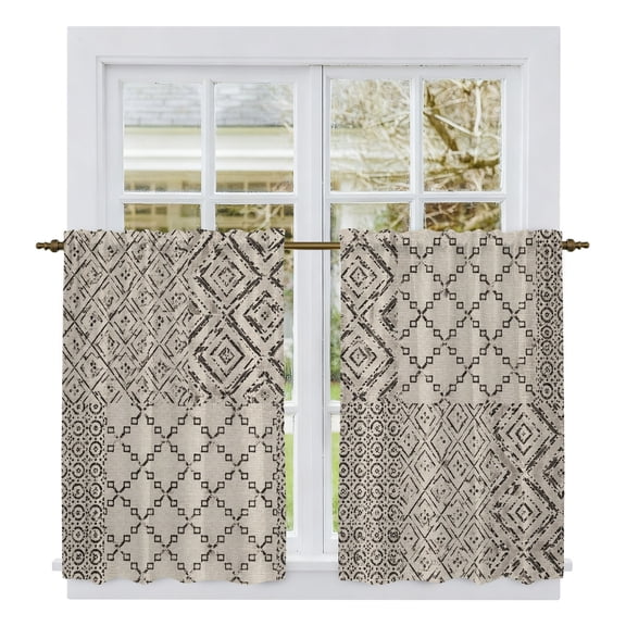 Black Rustic Lattice Kitchen Curtains 54 Inch Length, Vintage Art Aesthetics Tiers Curtains for Bathroom Bedroom Cafe, Light Filtering Small Window Treatment Short Tiered Drapes 2 Panels 42"Wx54"L