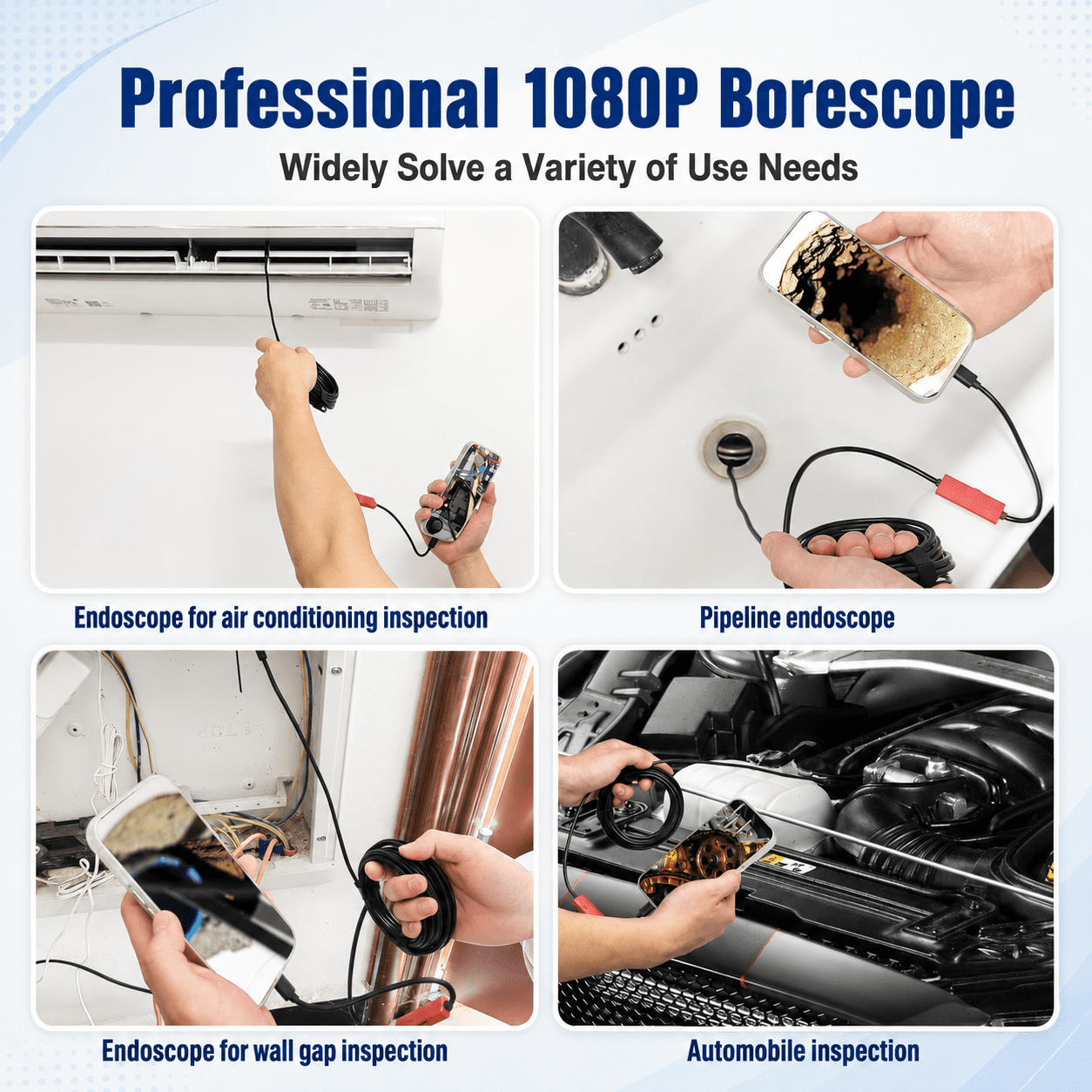 BOGYKIK 1080P HD Endoscope Camera with Light, 16FT Semi-Rigid Snake Camera for iPhone & Android, IP67 Waterproof Borescope Inspection Camera with 8 Adjustable LEDs