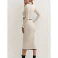thumbnail image 3 of Beige Ribbed Knit Turtleneck Midi Dress with Black Trim and Belt, 3 of 5