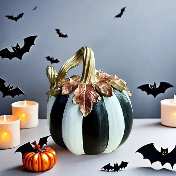 Resina Calabaza Ornamento Negro Blanco Figura artística | Decoración de otoño del hogar | Decoración de fiesta de Acción de Gracias de Halloween | Artesanía exquisita duradera | 17x19.5cm 1pc |