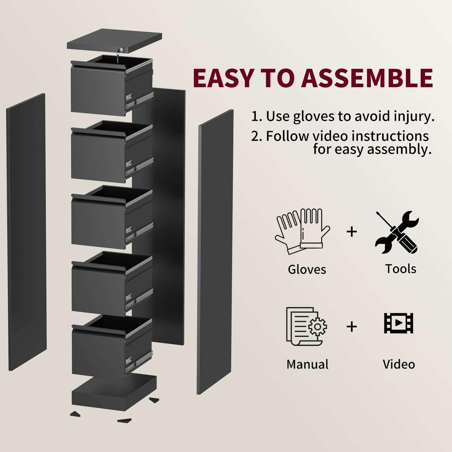IKIMI 3-Drawer Metal Vertical Filing Cabinet with Lock for A4/Letter/Legal Size Files, Black