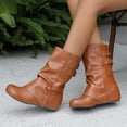 thumbnail image 3 of Fold Over Mid Calf Boots for Women Hidden Wedge Low Heel Slouchy Leather Round Toe Long Booties with Buckle Strap, 3 of 7