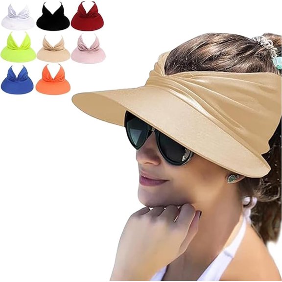 Women's UPF 50 UV Protection Sun Visor Hat,Wide Brim Visor Hats for Women,Foldable Ponytail Visors for Women Beach Hat