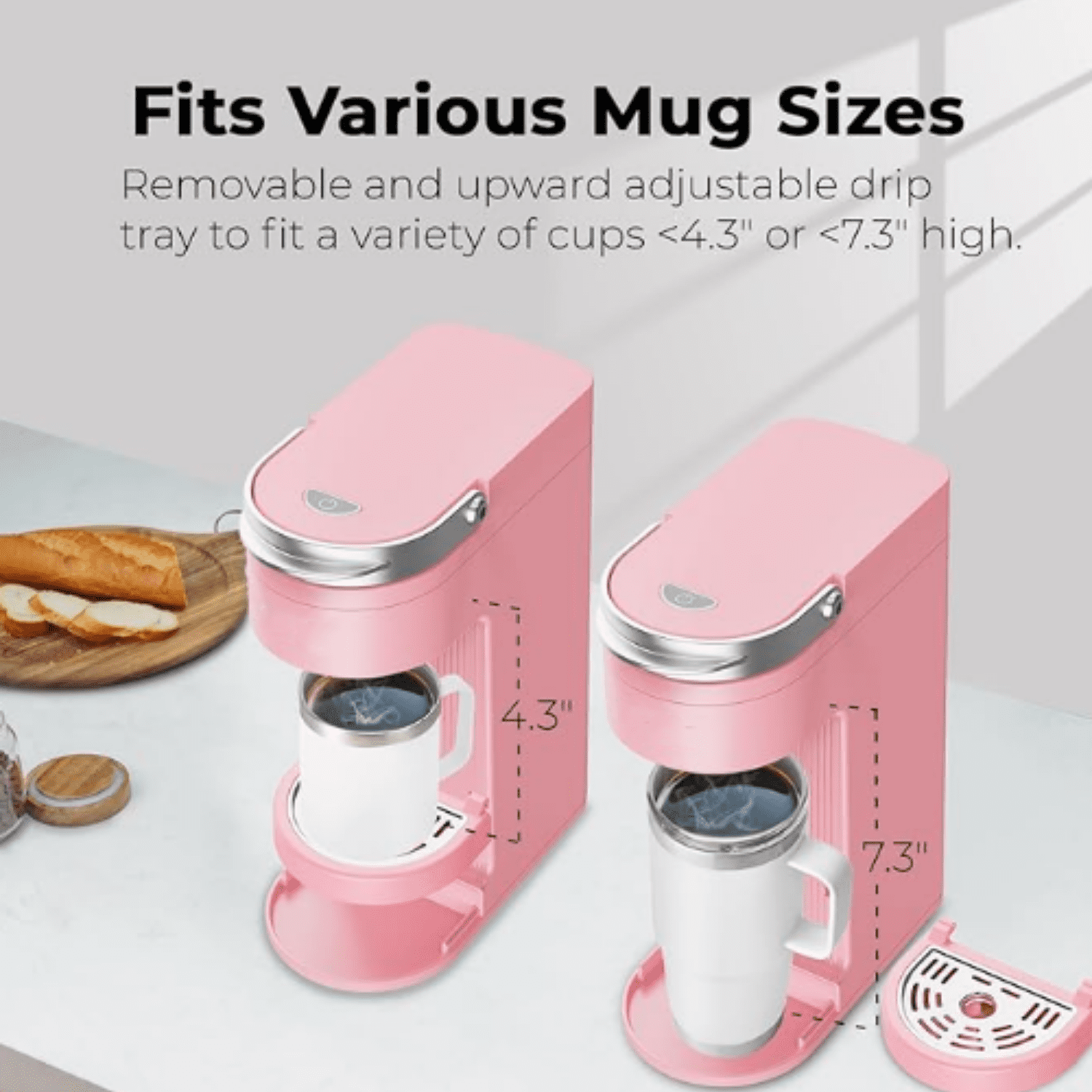 Slim Single Serve Coffee Maker for K Pods, One Cup Coffee Maker Fits 7.3" Travel Mugs, Coffee Machine with 6 to 12oz Brew Sizes, Salmon Pink