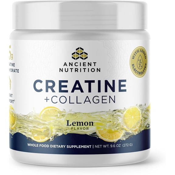 Ancient Nutrition Creatine Collagen Electrolytes Powder, 5g Creatine Monohydrate, Muscle Strength & Joint Support, Lemon, 30 Servings