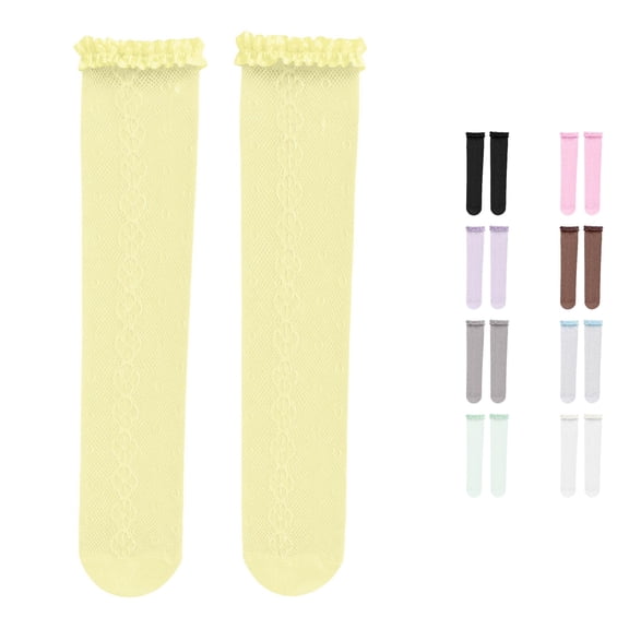 Uvwlwu Women Knee High Socks Ruffled Floral Lace Mesh Sheer Lightweight Novelty Hosiery for Party Dating Summer Daily Wear,Light Yellow,One Size