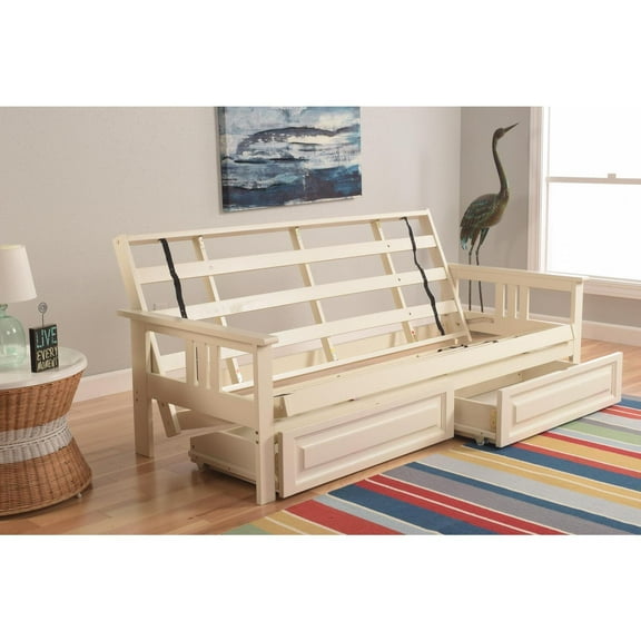 Full Size Futon Frame with Storage - Convertible Sofa Bed, Antique White Finish, Hardwood, 79" L