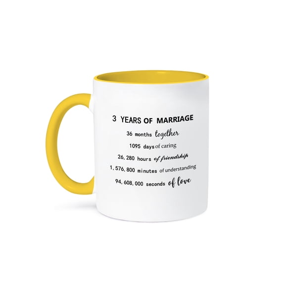 3drose, 3 Years of Marriage 3rd Wedding Anniversary in Months Days Hours, 15oz Two-tone Yellow Mug