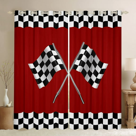 Homewish Racing Flag Black Out Curtains,Classic Geometric Checkered Curtains Pack of 2 (42x63 Each),Red White Black Bedroom Curtains For Boys Teens,Ultra Soft Home Decor